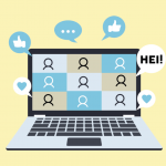 Piirretty tietokone, jossa on käynnissä webinaari.