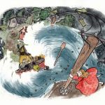 Anni Jokitalon tekemä piirroskuva: iso aalto vie mukanaan taloja ja ihmisiä.