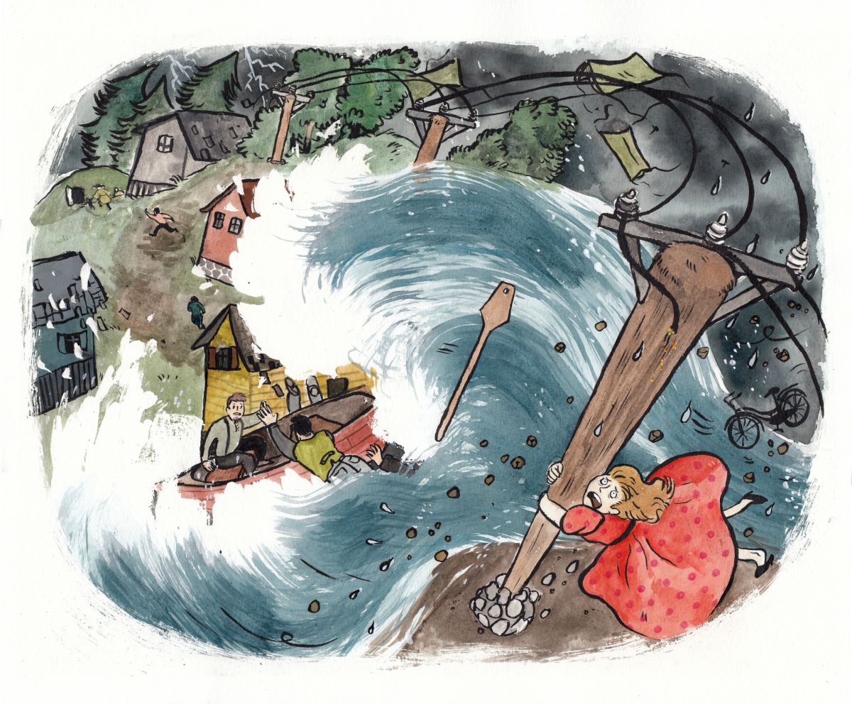 Anni Jokitalon tekemä piirroskuva: iso aalto vie mukanaan taloja ja ihmisiä.
